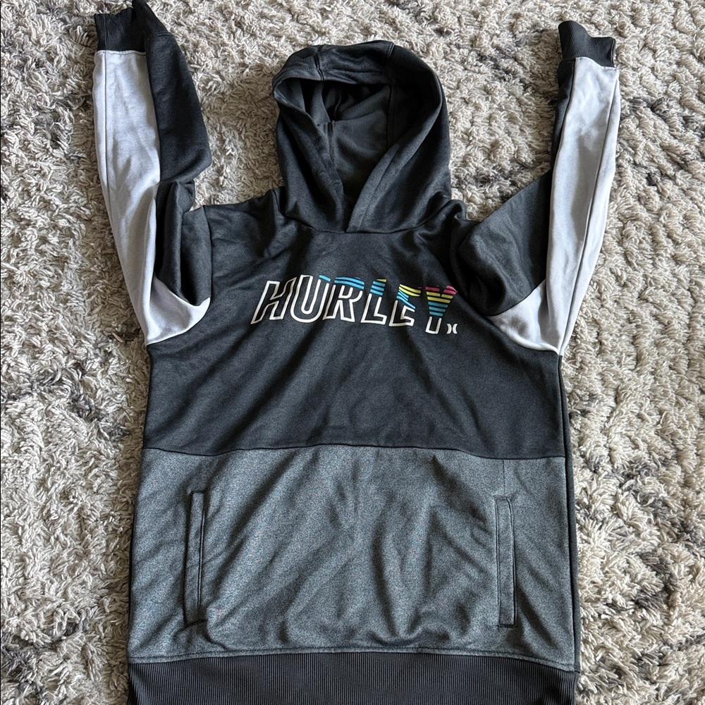 Hurley Black & Gray Colorblock Pullover Hoodie with Multicolor Logo